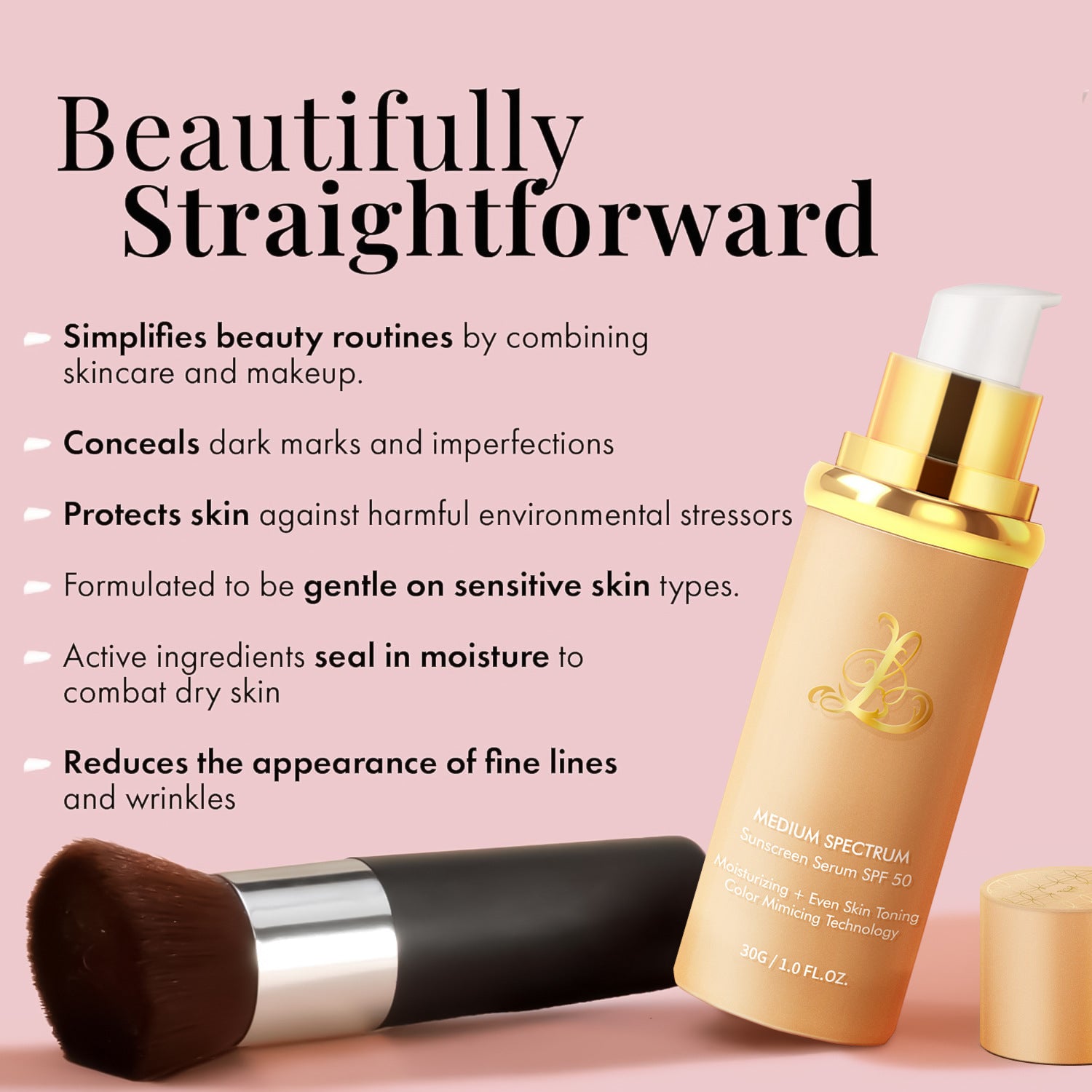 Medium Spectrum Sunscreen Serum SPF 50 – Color-Adapting Liquid Foundation with Glow Boost & Skin Toning (30g/1.0fl oz)